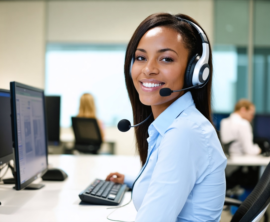 Сотрудник службы поддержки AI Analytics School за рабочим столом